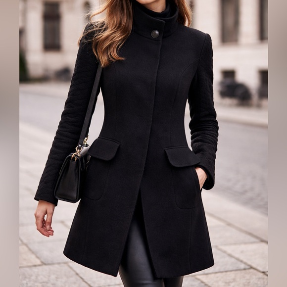 Jackets & Blazers - Vintage y2k European Wool Cashmere Structured Minimalist Black Coat Size 6/EU36